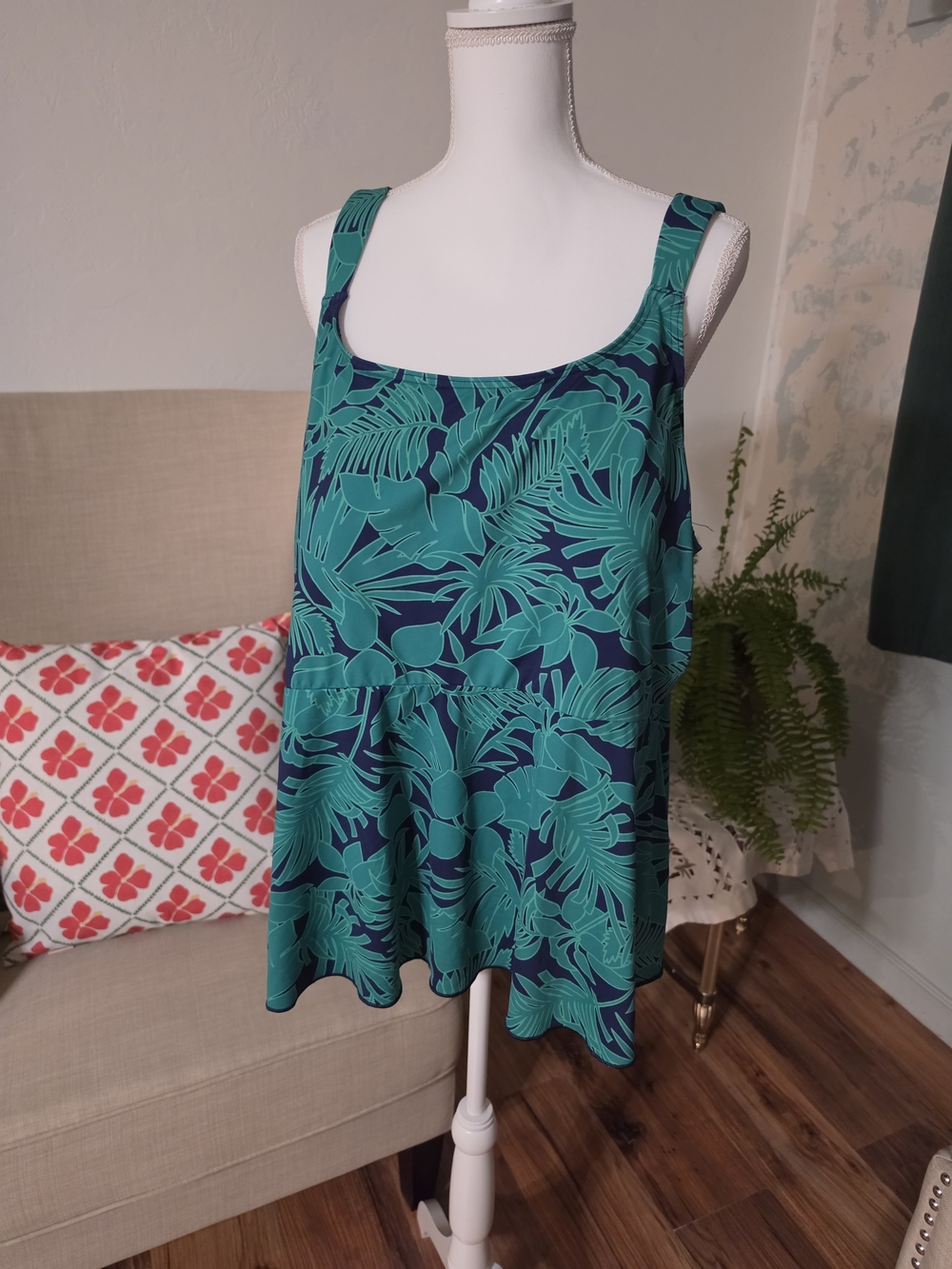 Lands' End Tropical Leaf Print and Navy Swim Top